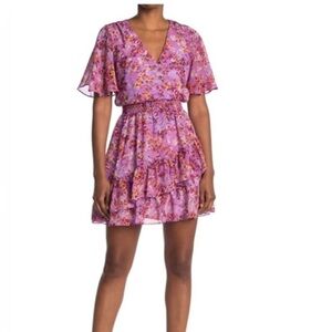 NWT Laundry by Shelli Segal Pink Floral Mini Dress Size 8 Fluffy Sleeve V Neck
